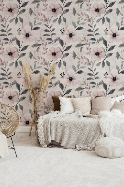 Cream and Blush Pink Vintage Floral Wallpaper