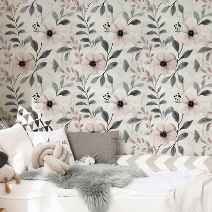 Cream and Blush Pink Vintage Floral Wallpaper
