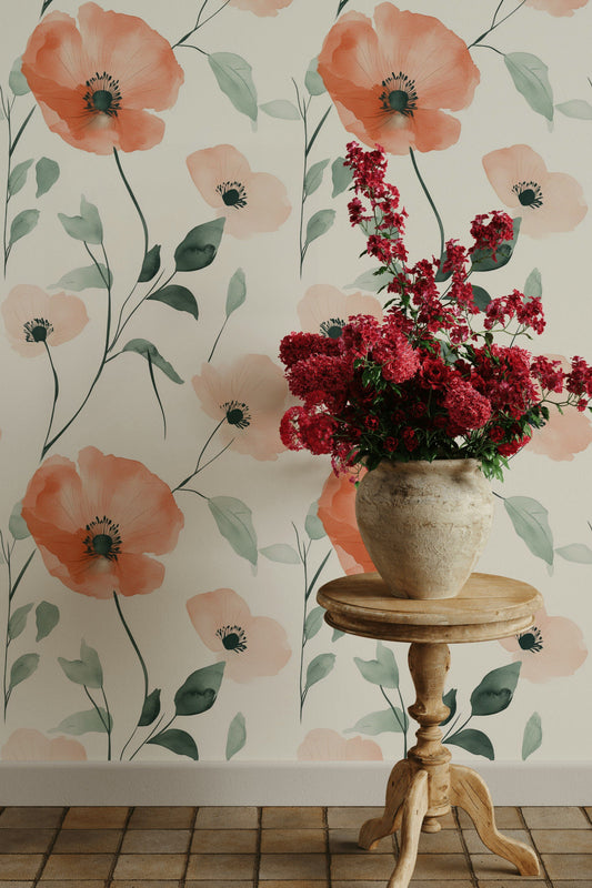 Watercolor Poppy Wallpaper Soft Floral Decorative Mural