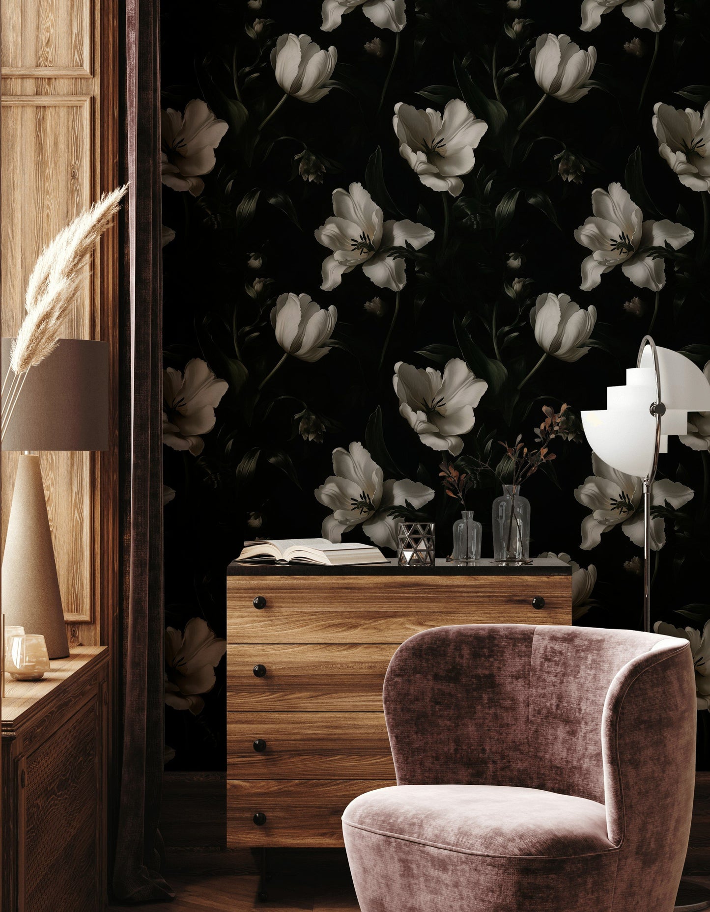 Black and White Flower Wallpaper Moody Botanical Wall Mural