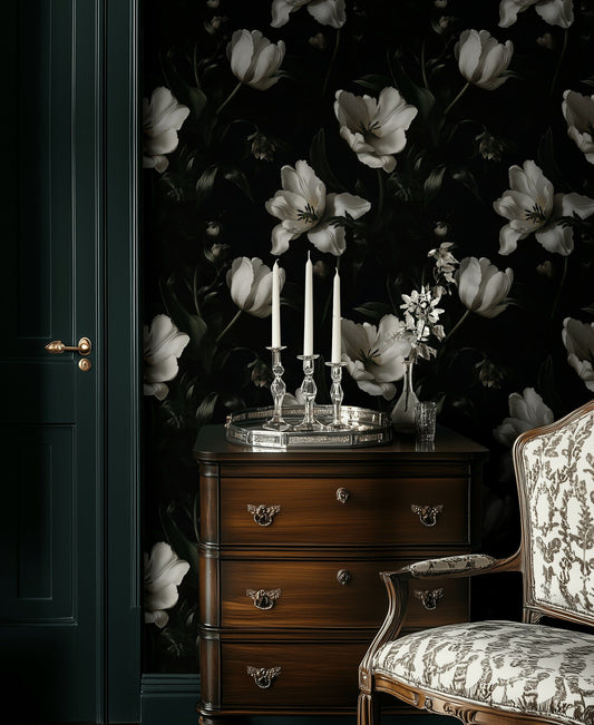 Black and White Flower Wallpaper Moody Botanical Wall Mural