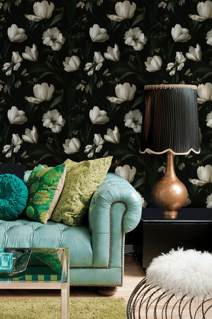 Ivory Tulip Noir Floral Wallpaper