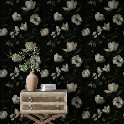 Ivory Tulip Noir Floral Wallpaper