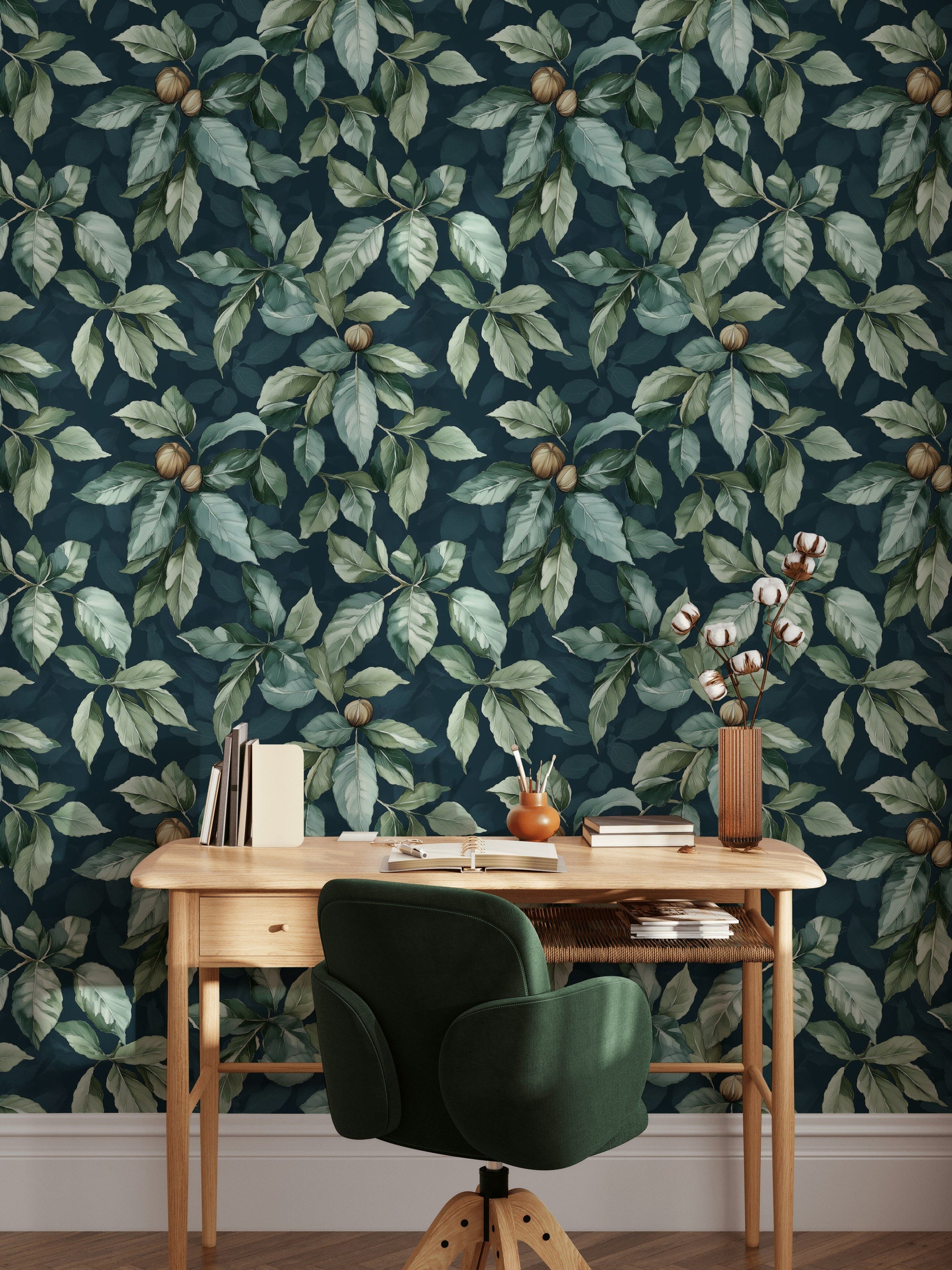 Midnight Green Foliage Botanical Wallpaper