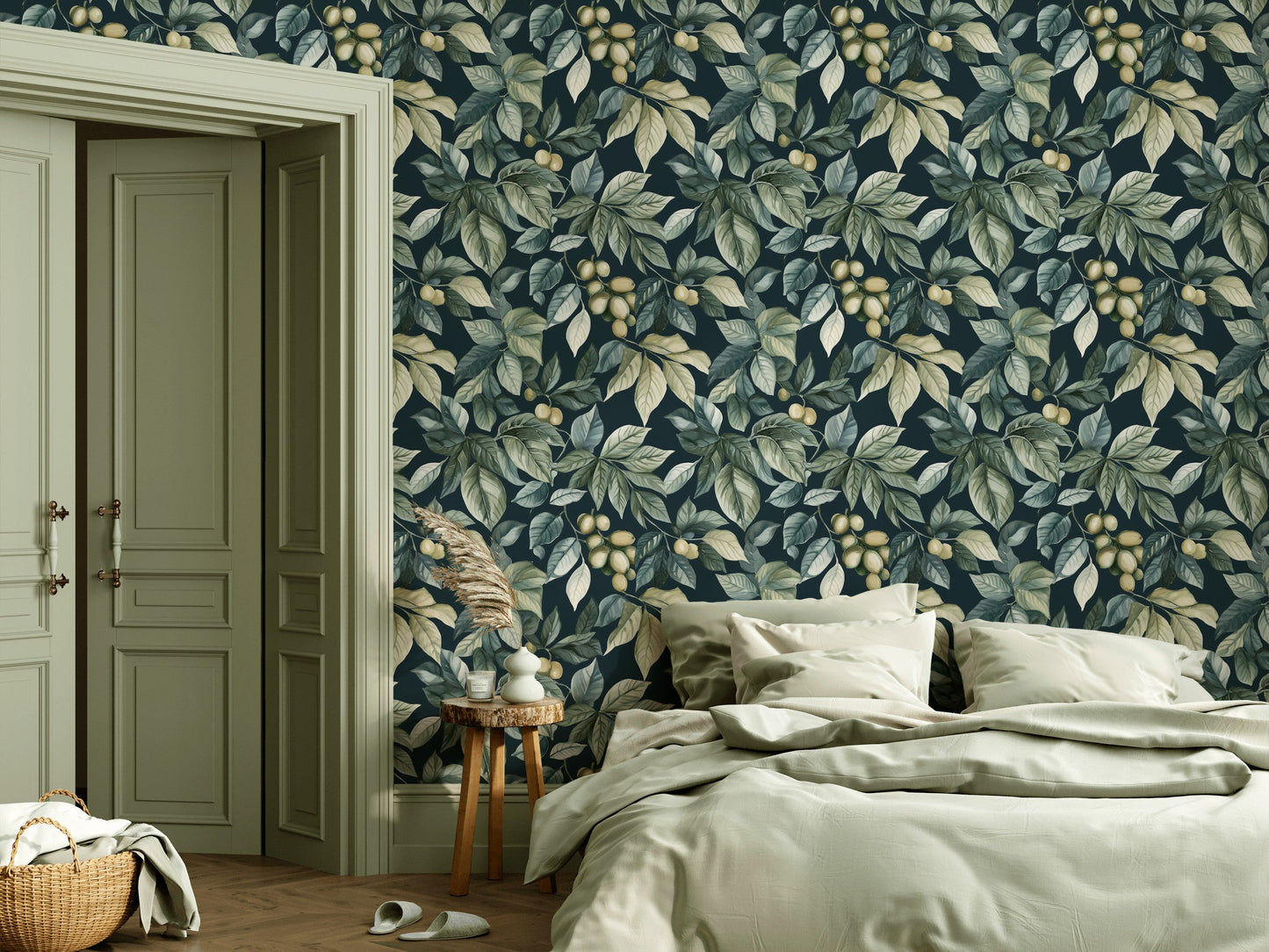 Dark Botanical Wallpaper with Green Leaves & Berries Wall Mural