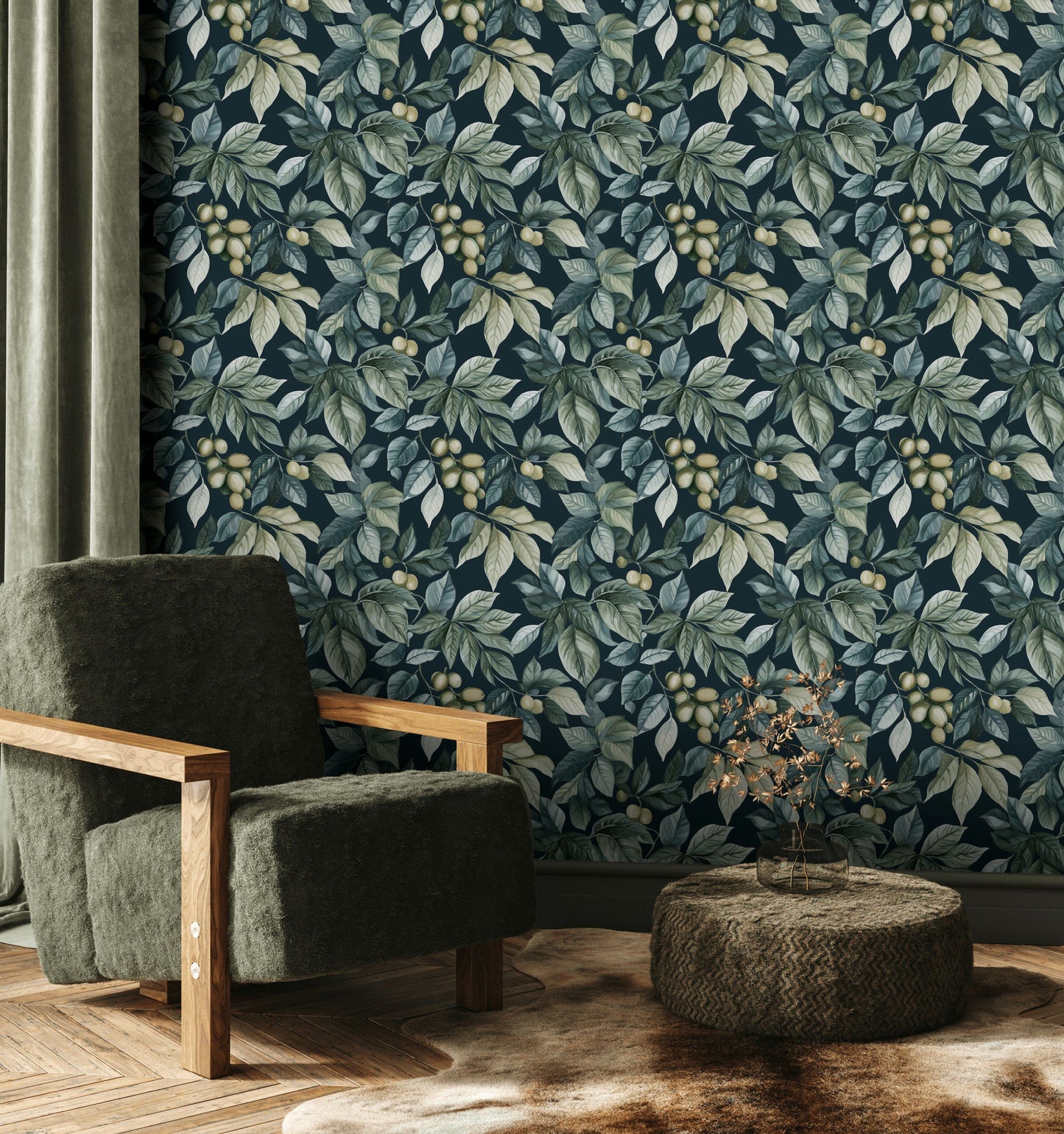 Dark Botanical Wallpaper with Green Leaves & Berries Wall Mural