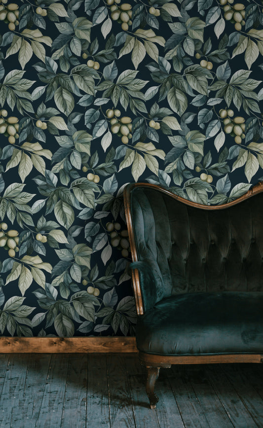 Dark Botanical Wallpaper with Green Leaves & Berries Wall Mural
