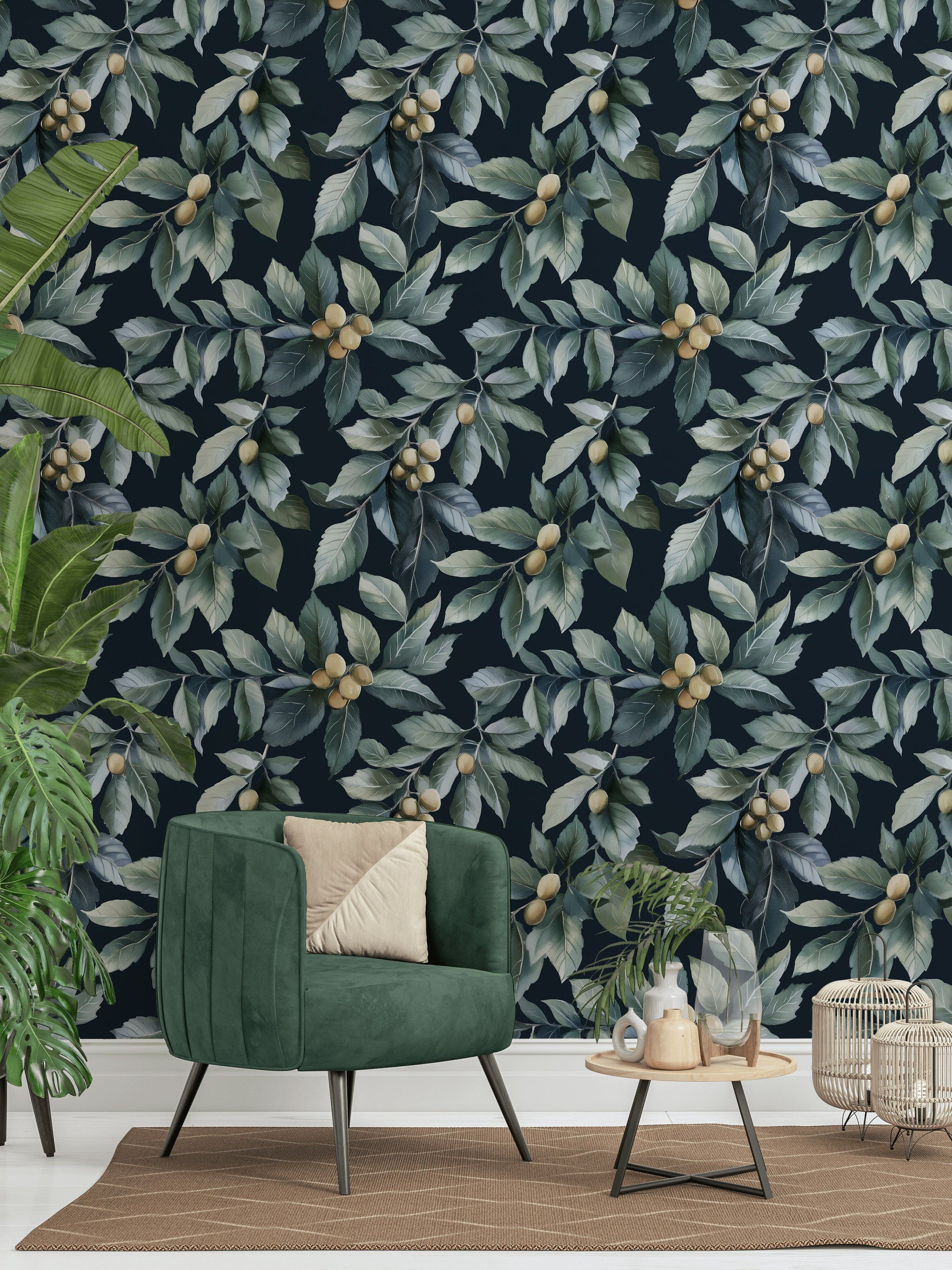 Midnight Green Leaf Botanical Wallpaper