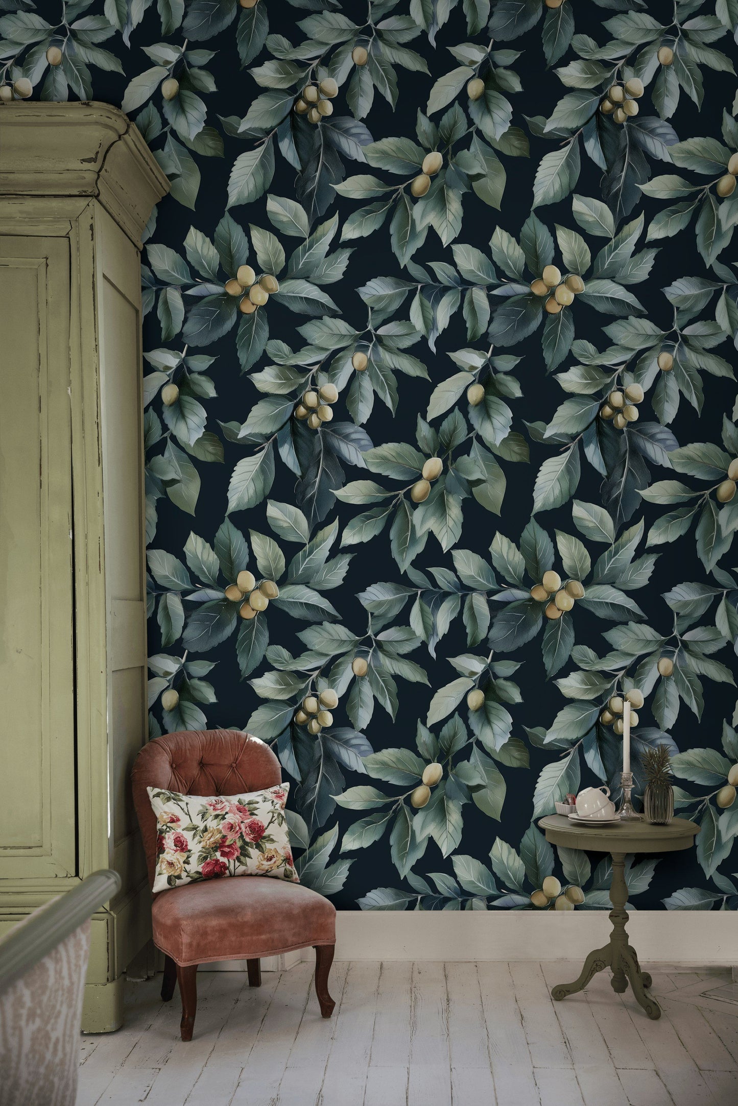 Olive Branch Wallpaper Green Botanical Dark Wall Mural