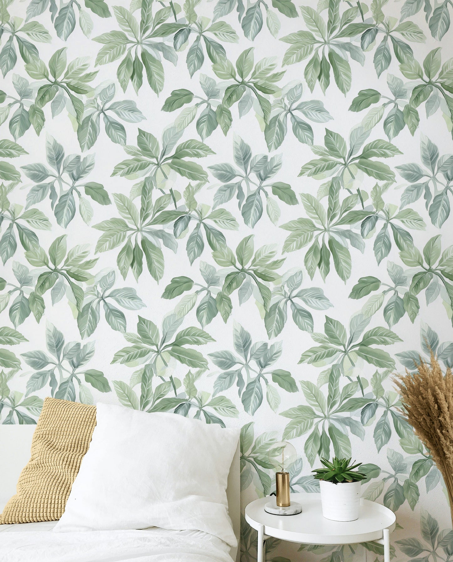 Sage Green Leaf Wallpaper Watercolor Botanical Wall Mural