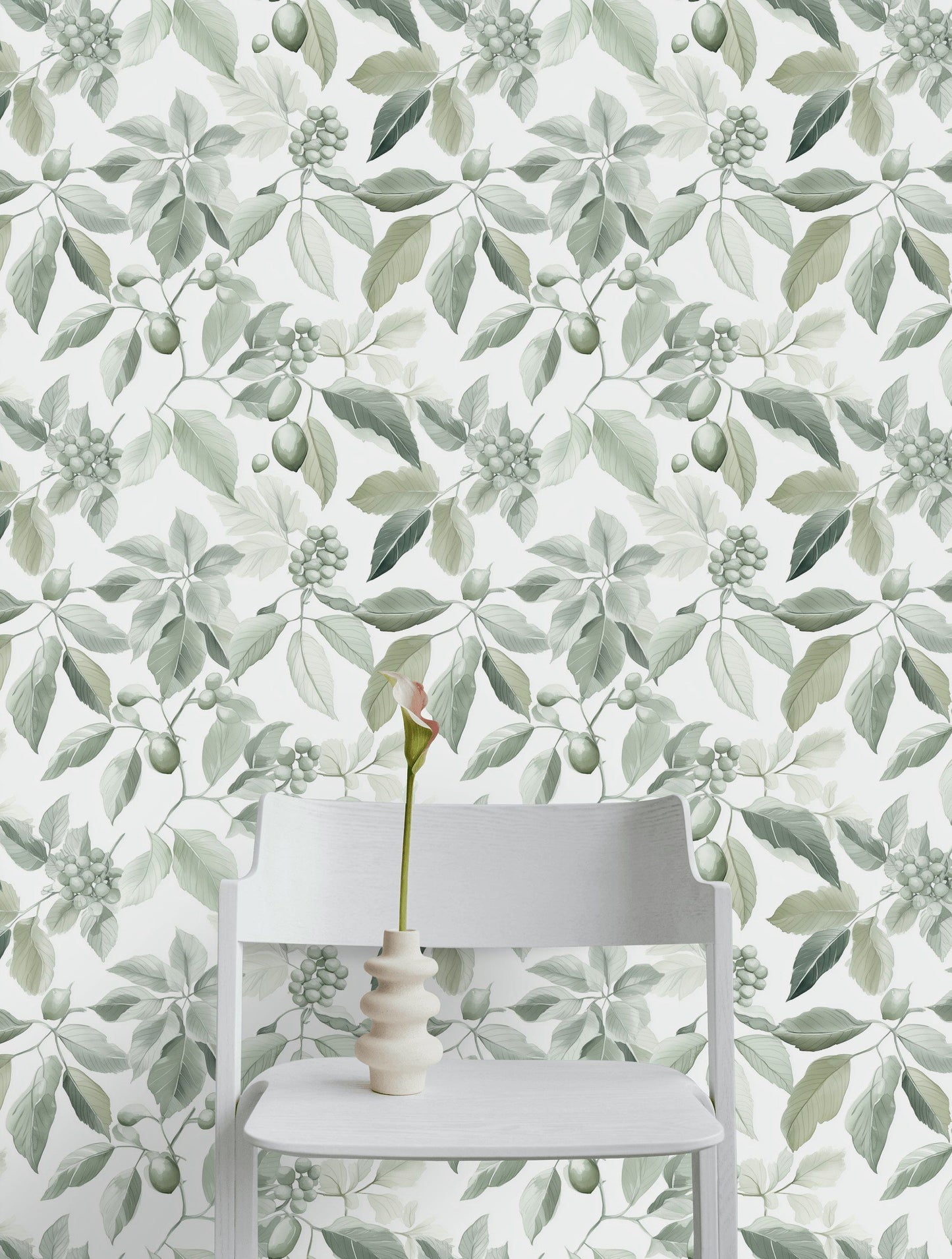 Green Botanical Wallpaper Olive Leaf Fruit Wall Mural