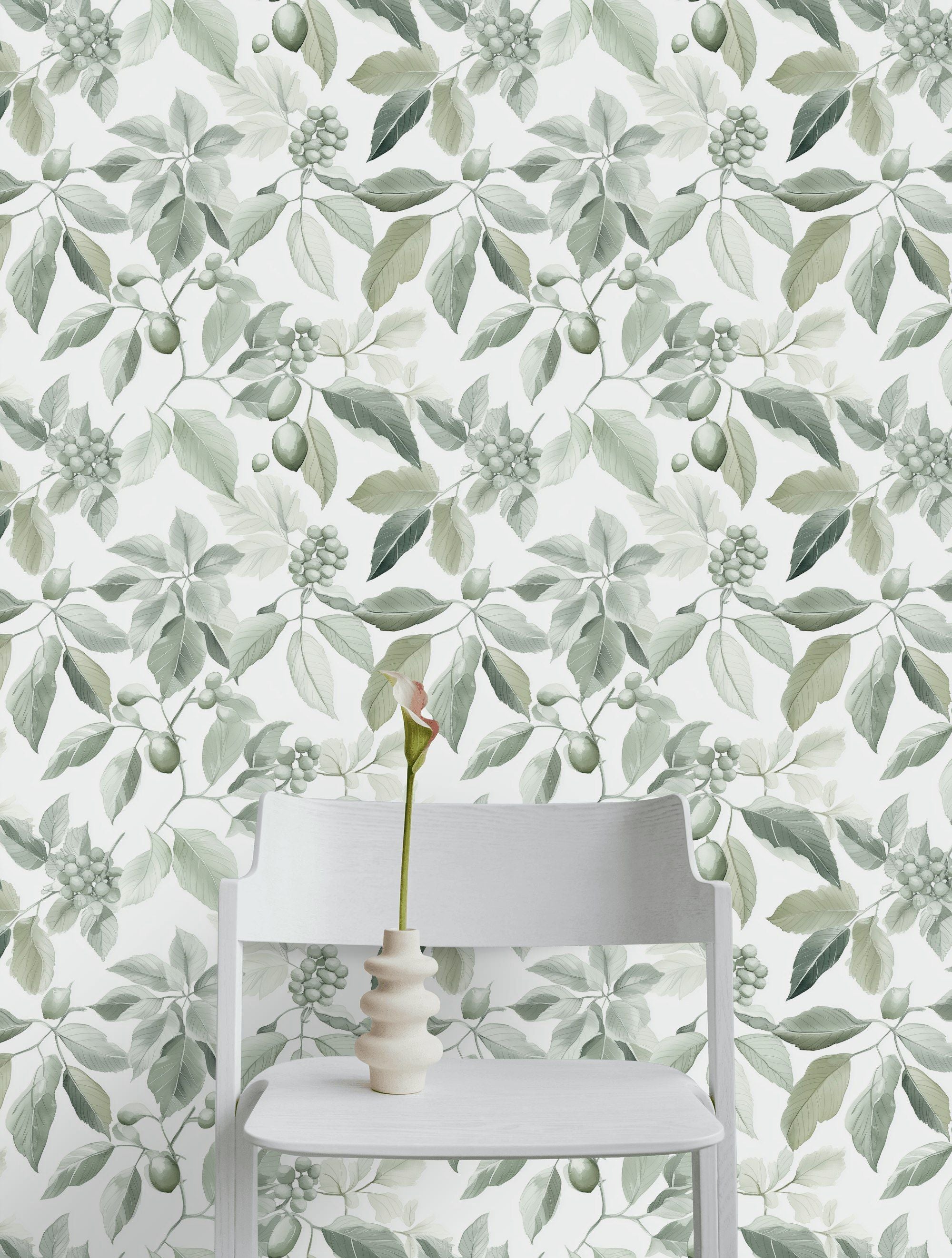 Soft Sage Green Leafy Botanical Wallpaper