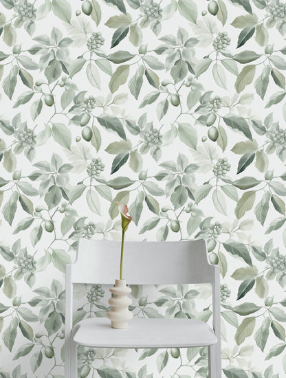 Soft Sage Green Leafy Botanical Wallpaper