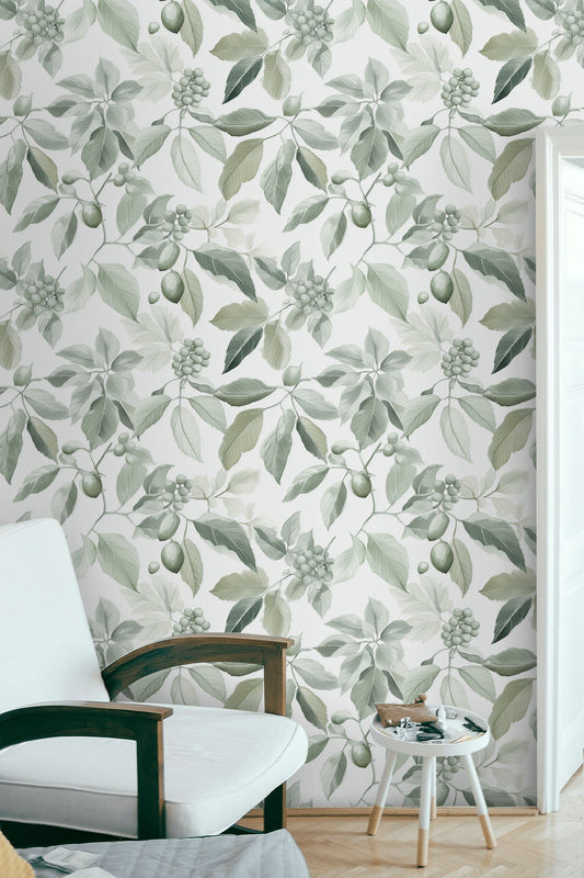 Green Botanical Wallpaper Olive Leaf Fruit Wall Mural