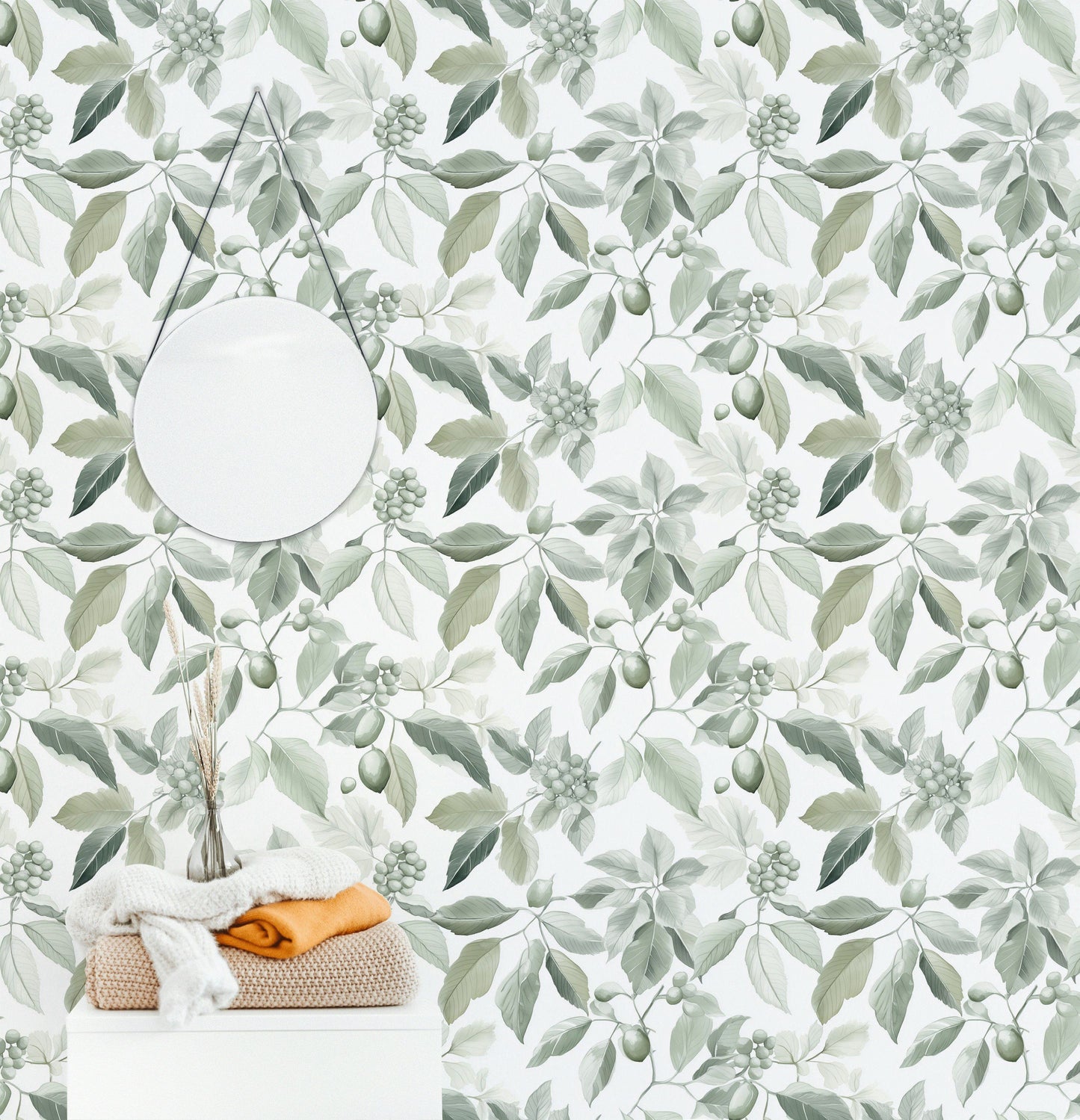 Green Botanical Wallpaper Olive Leaf Fruit Wall Mural