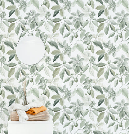 Soft Sage Green Leafy Botanical Wallpaper