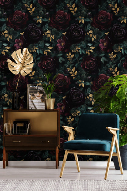 Dark Burgundy Roses and Gold Look Foliage Wallpaper