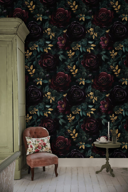 Dark Burgundy Roses and Gold Look Foliage Wallpaper