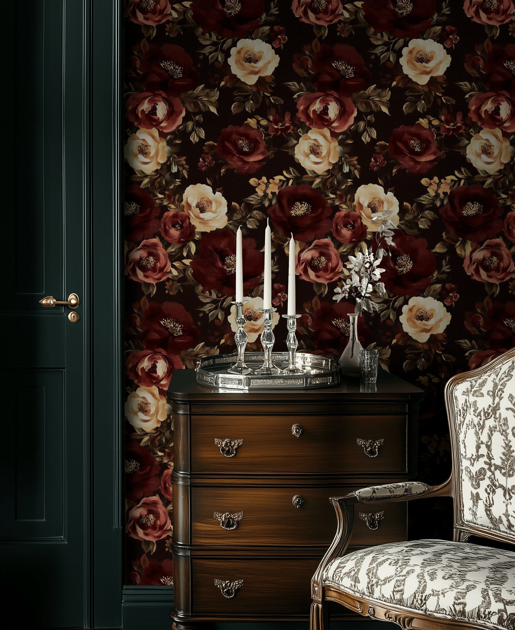 Rich Burgundy and Cream Rose Floral Wallpaper