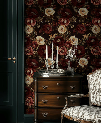 Rich Burgundy and Cream Rose Floral Wallpaper