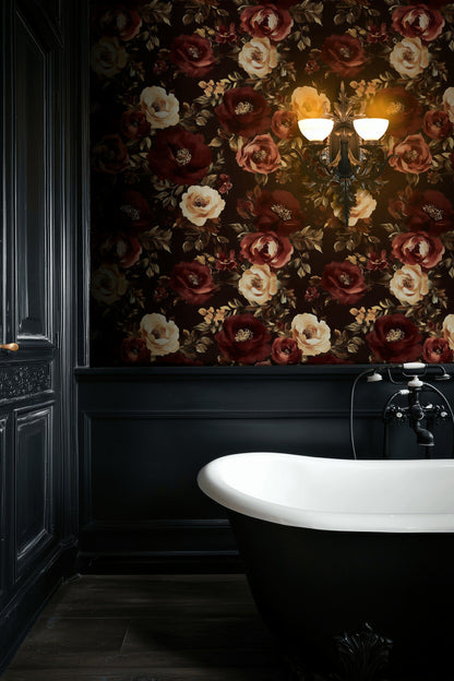 Rich Burgundy and Cream Rose Floral Wallpaper