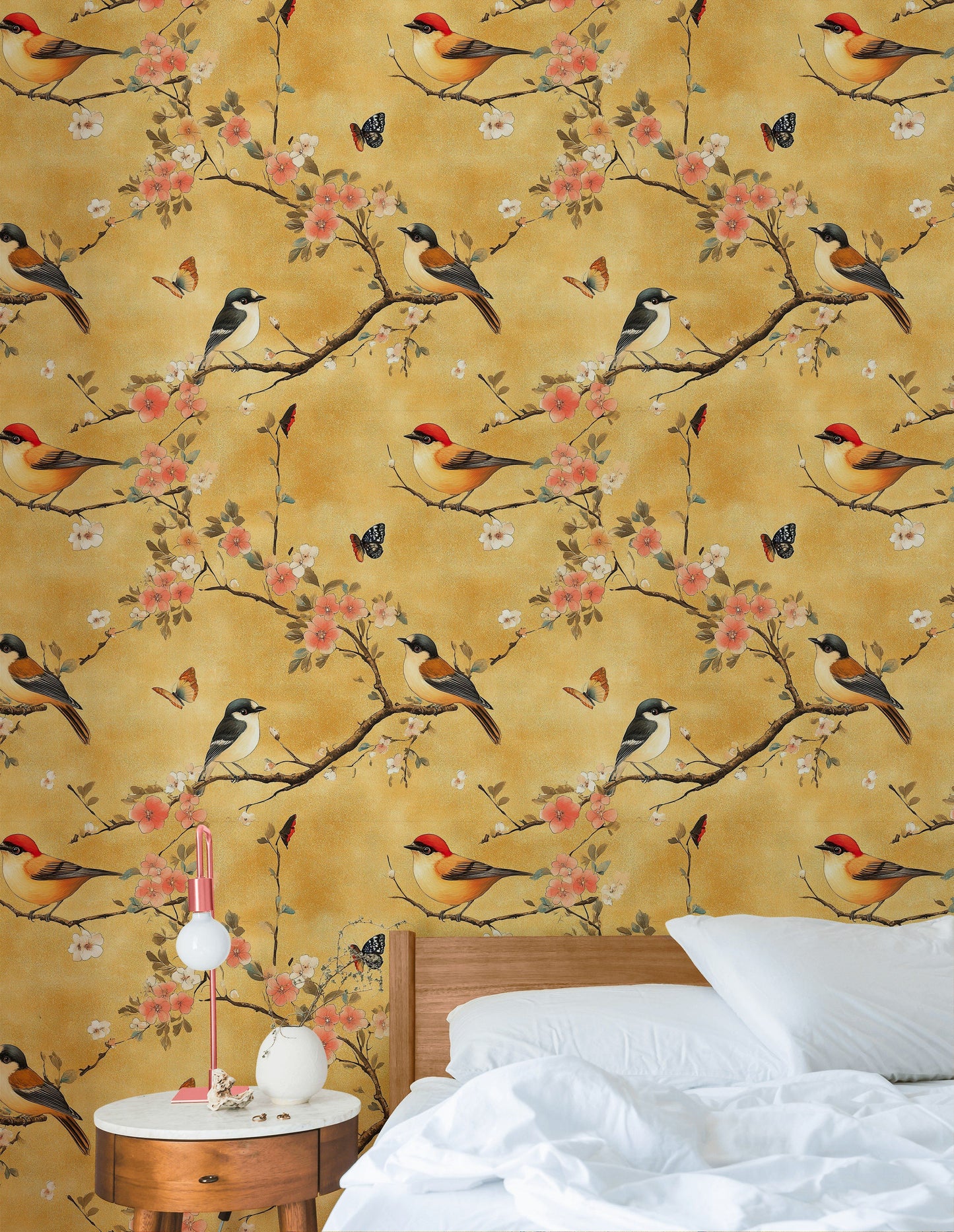 Vintage Bird Cherry Blossom Wallpaper Golden Yellow Mural