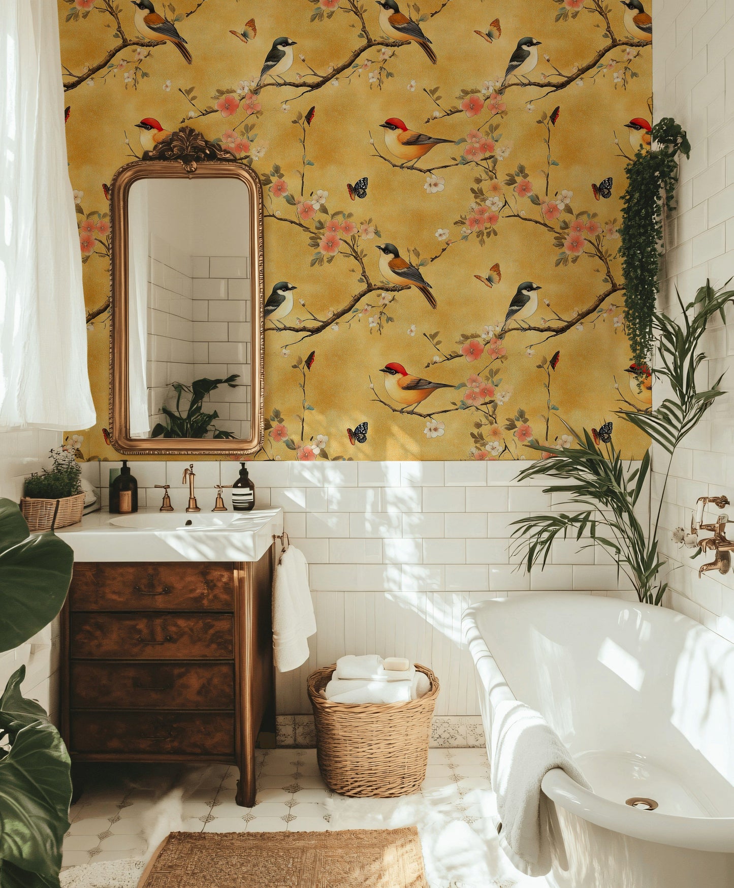 Vintage Bird Cherry Blossom Wallpaper Golden Yellow Mural