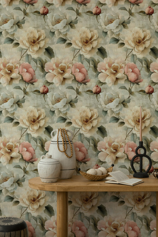 Vintage Peony Floral Wallpaper Cream and Pink Blooms Decor