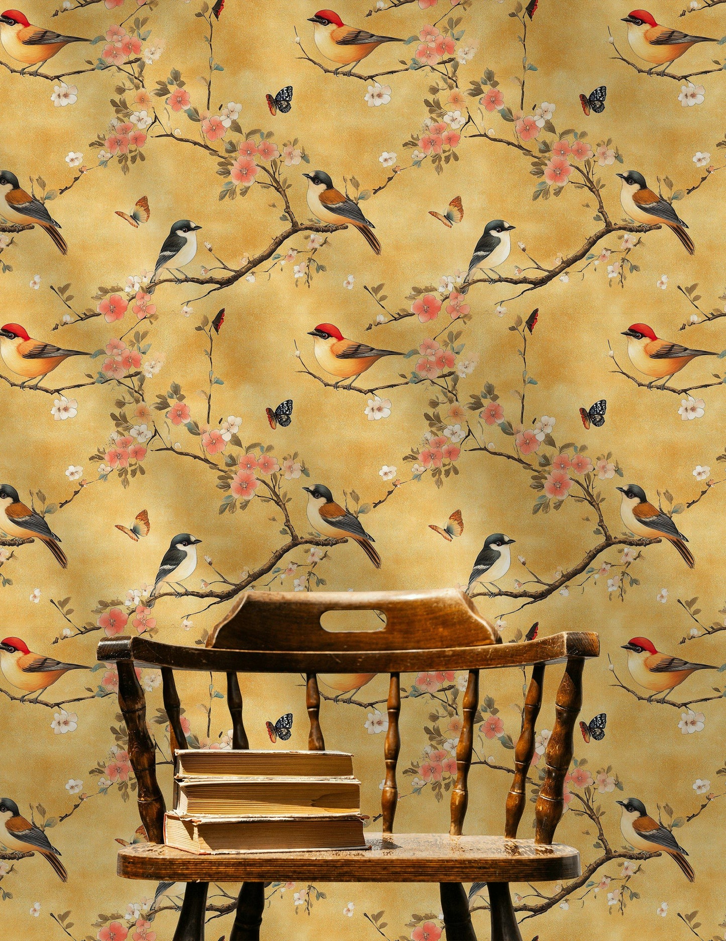 Vintage Bird Cherry Blossom Wallpaper Golden Yellow Mural