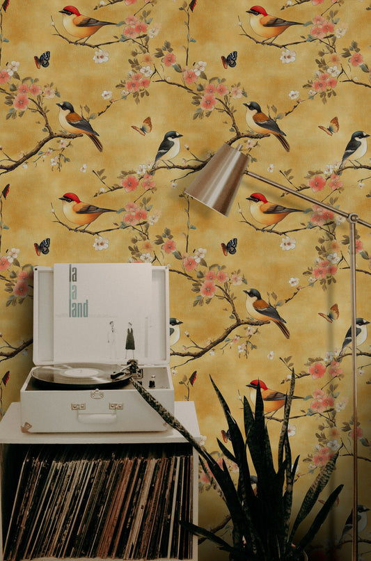 Vintage Bird Cherry Blossom Wallpaper Golden Yellow Mural