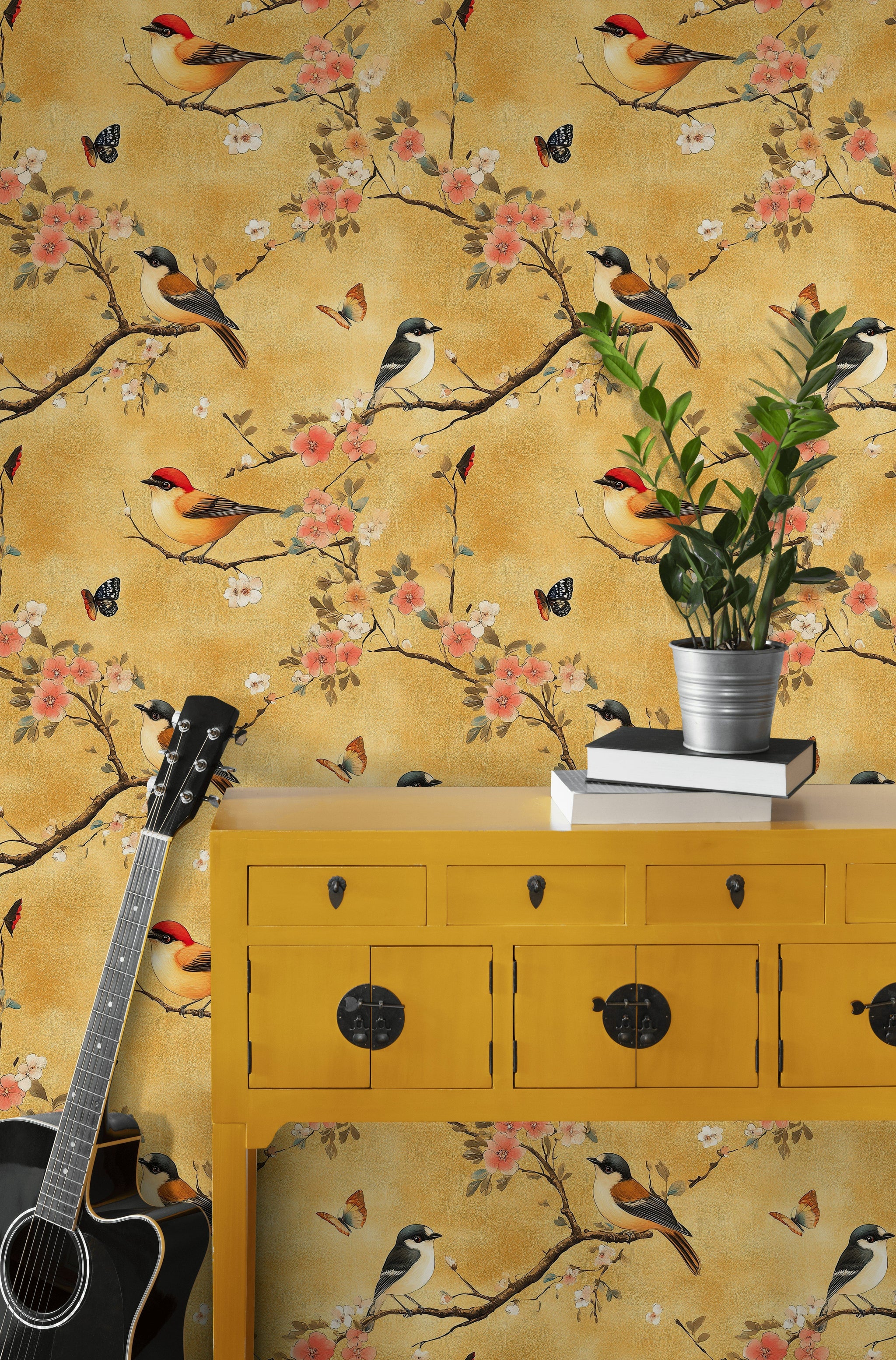 Golden Look Cherry Blossom Aviary Wallpaper