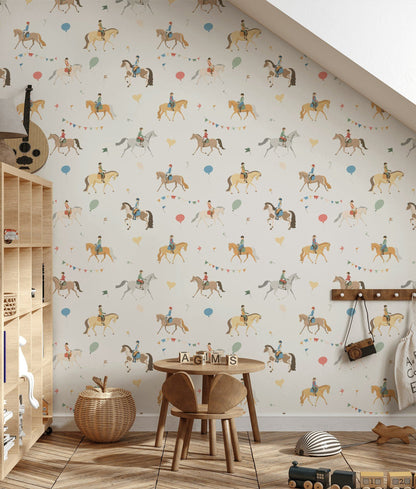 Multicolor Playful Horse Riders Kids Wallpaper