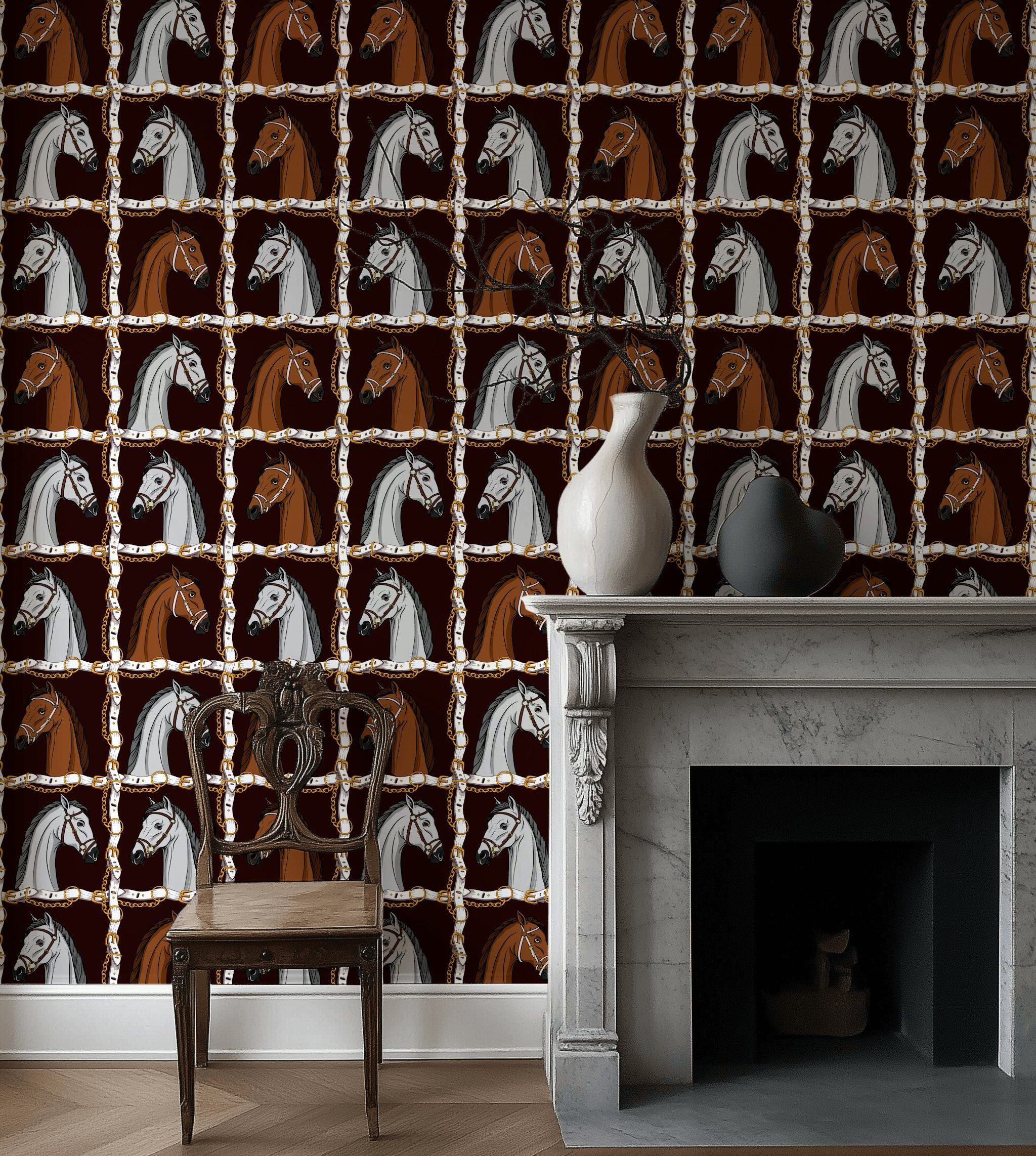 Dark Brown Horse Pattern Equestrian Wallpaper