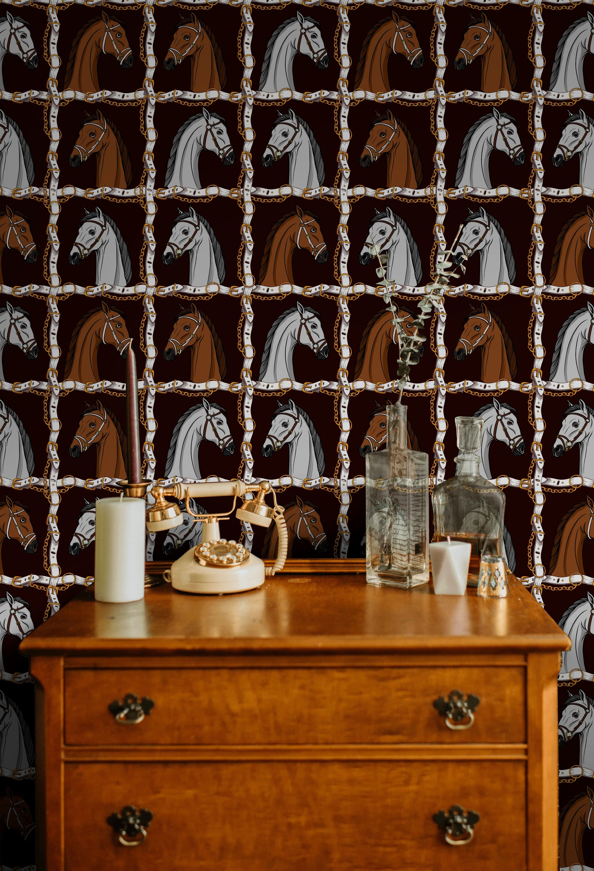 Dark Brown Horse Pattern Equestrian Wallpaper