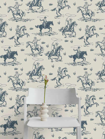 Beige and Blue Cowboy Horse Western Wallpaper