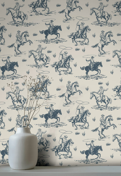Beige and Blue Cowboy Horse Western Wallpaper