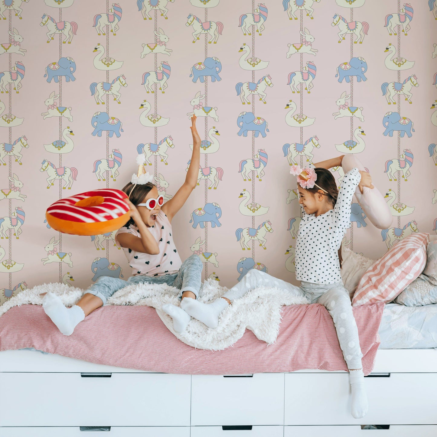 Pastel Carousel Animals Wallpaper Whimsical Nursery Wall Mural