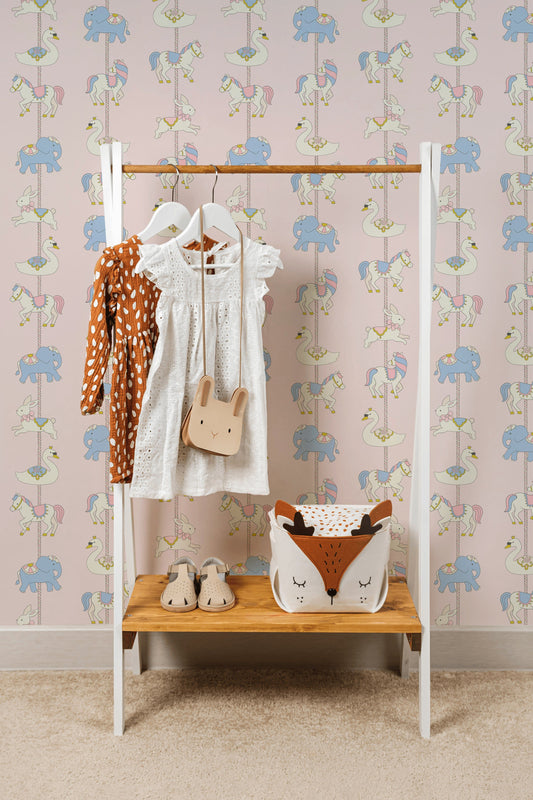 Pastel Carousel Animals Wallpaper Whimsical Nursery Wall Mural