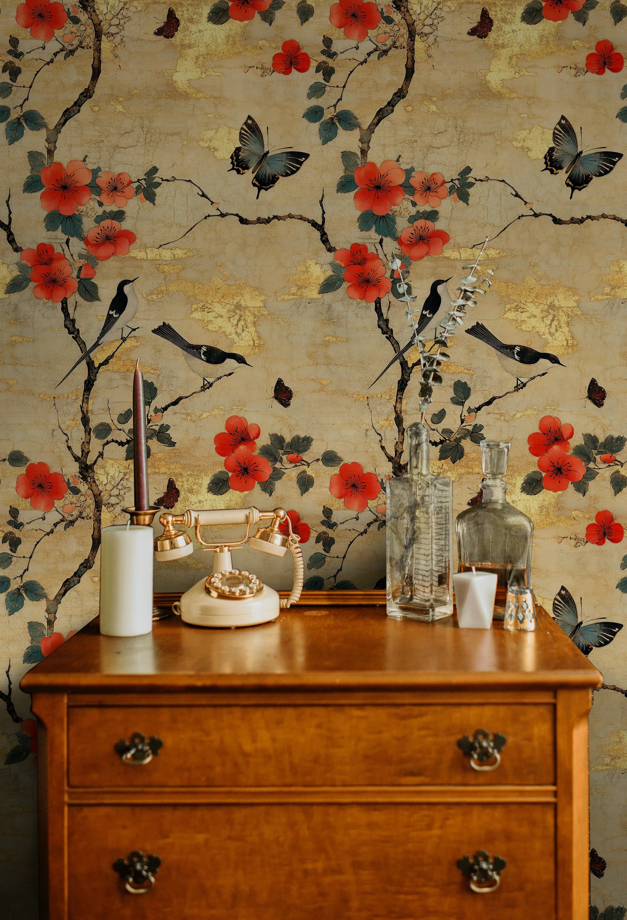 Golden Look Beige Cherry Blossom and Bird Vintage Wallpaper