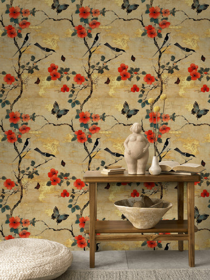 Golden Look Beige Cherry Blossom and Bird Vintage Wallpaper