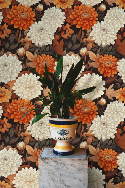 Rich Black and Orange Large Floral Wallpaper