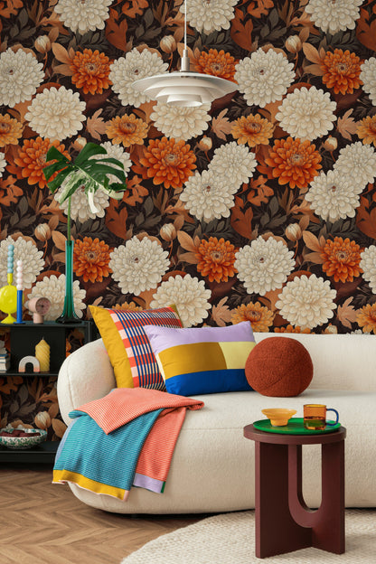 Rich Black and Orange Large Floral Wallpaper