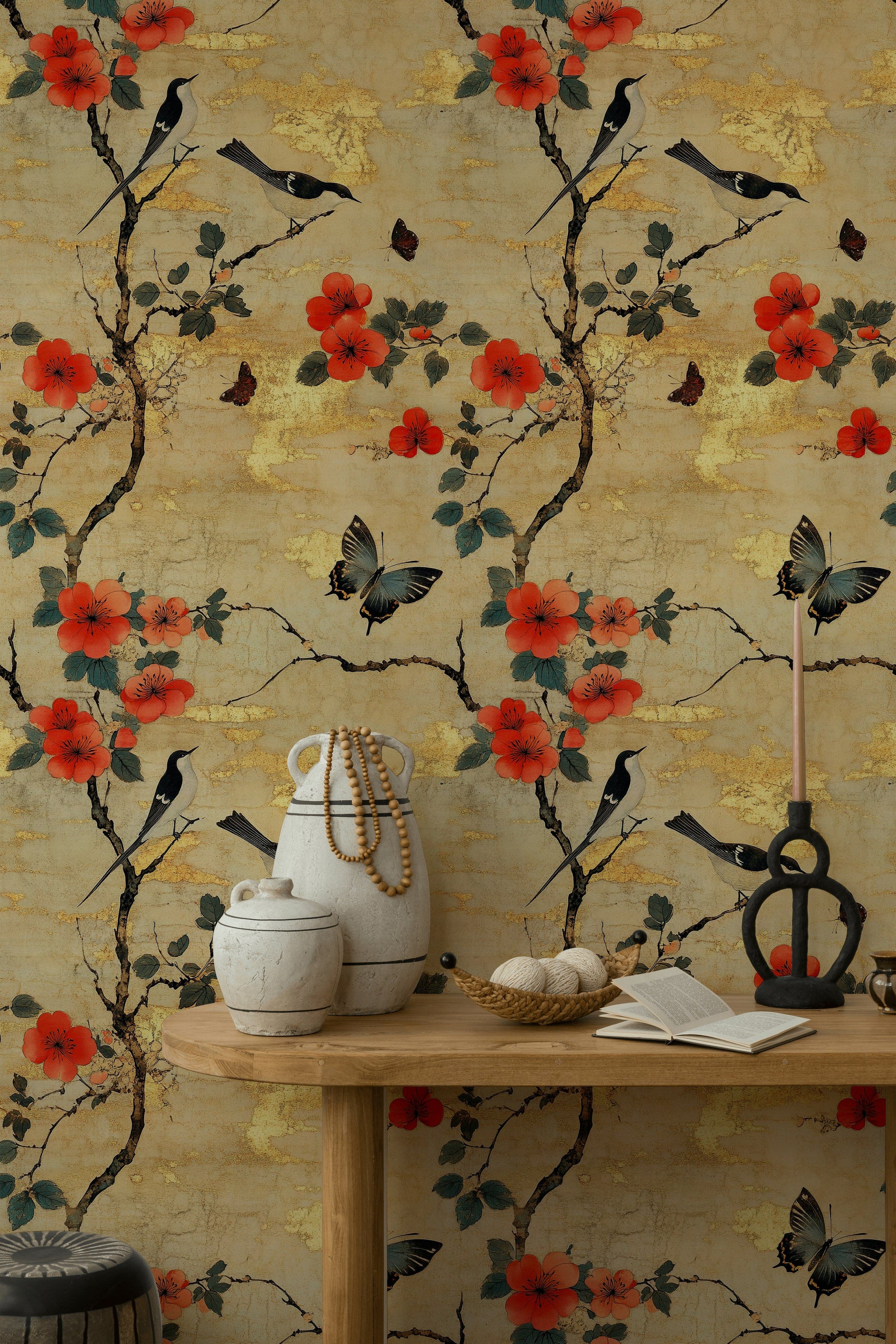 Golden Look Beige Cherry Blossom and Bird Vintage Wallpaper