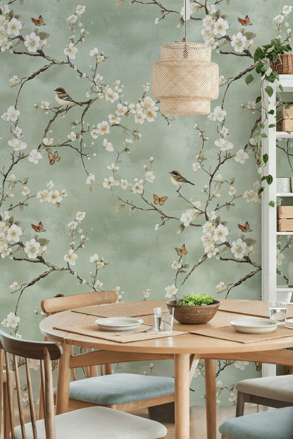 Soft Sage Green Cherry Blossom and Bird Wallpaper