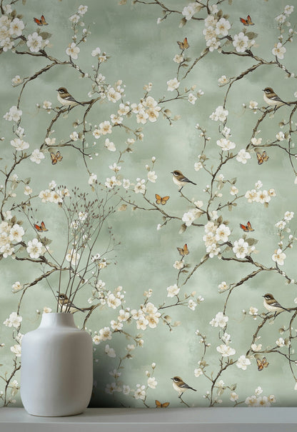 Soft Sage Green Cherry Blossom and Bird Wallpaper
