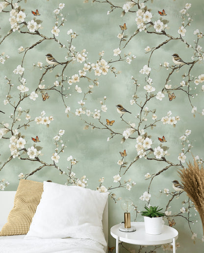 Soft Sage Green Cherry Blossom and Bird Wallpaper