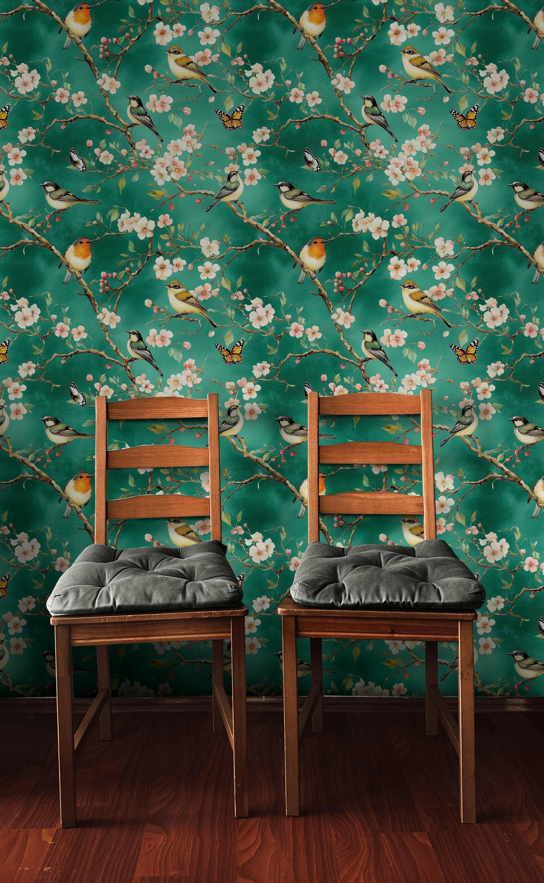 Emerald Green Cherry Blossom and Bird Wallpaper