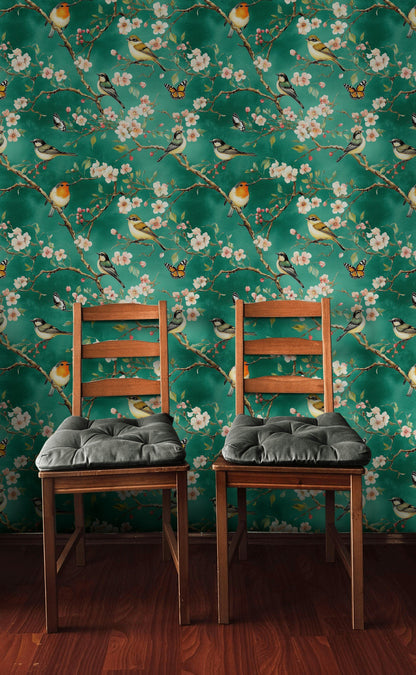 Emerald Green Cherry Blossom and Bird Wallpaper