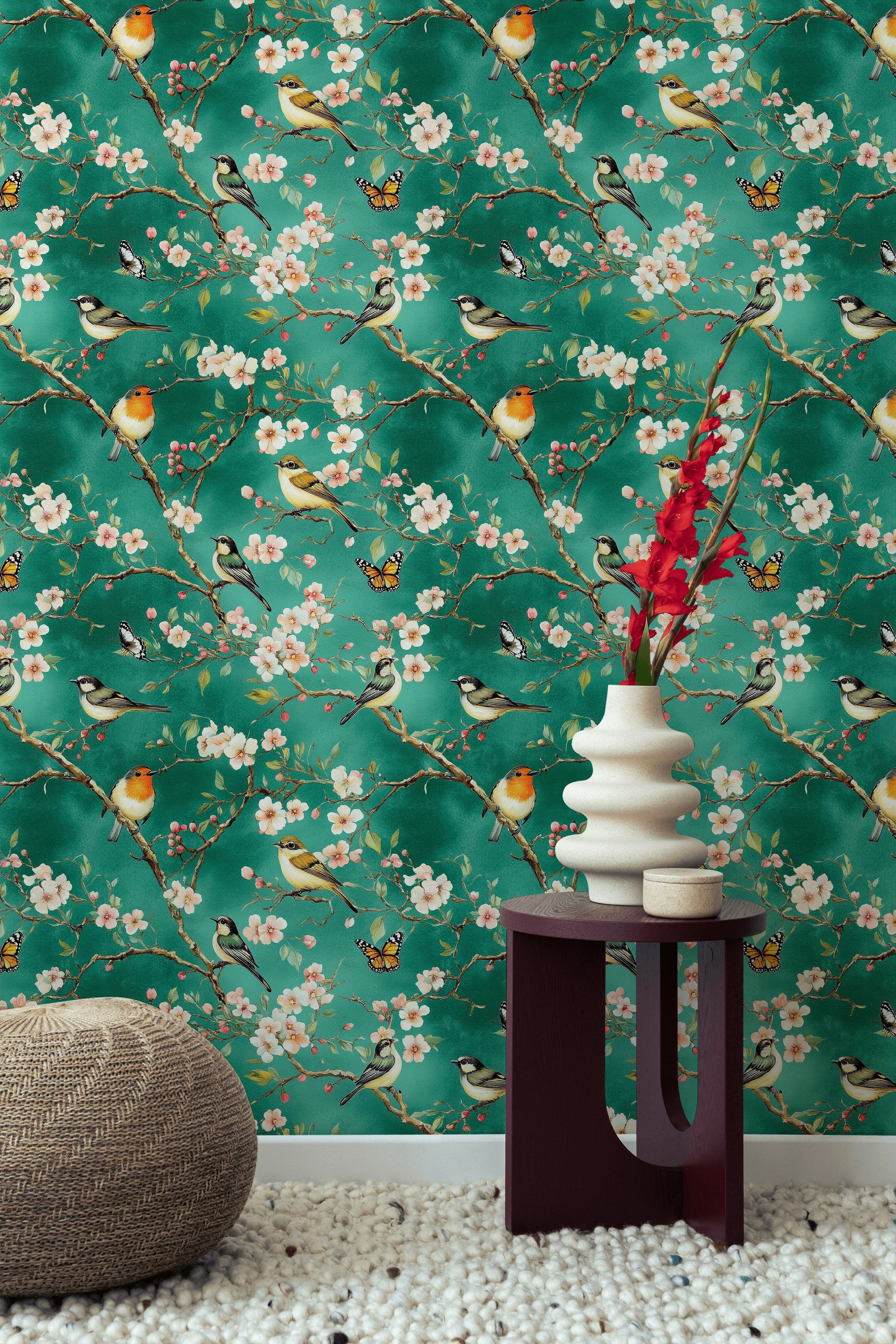 Emerald Green Cherry Blossom and Bird Wallpaper