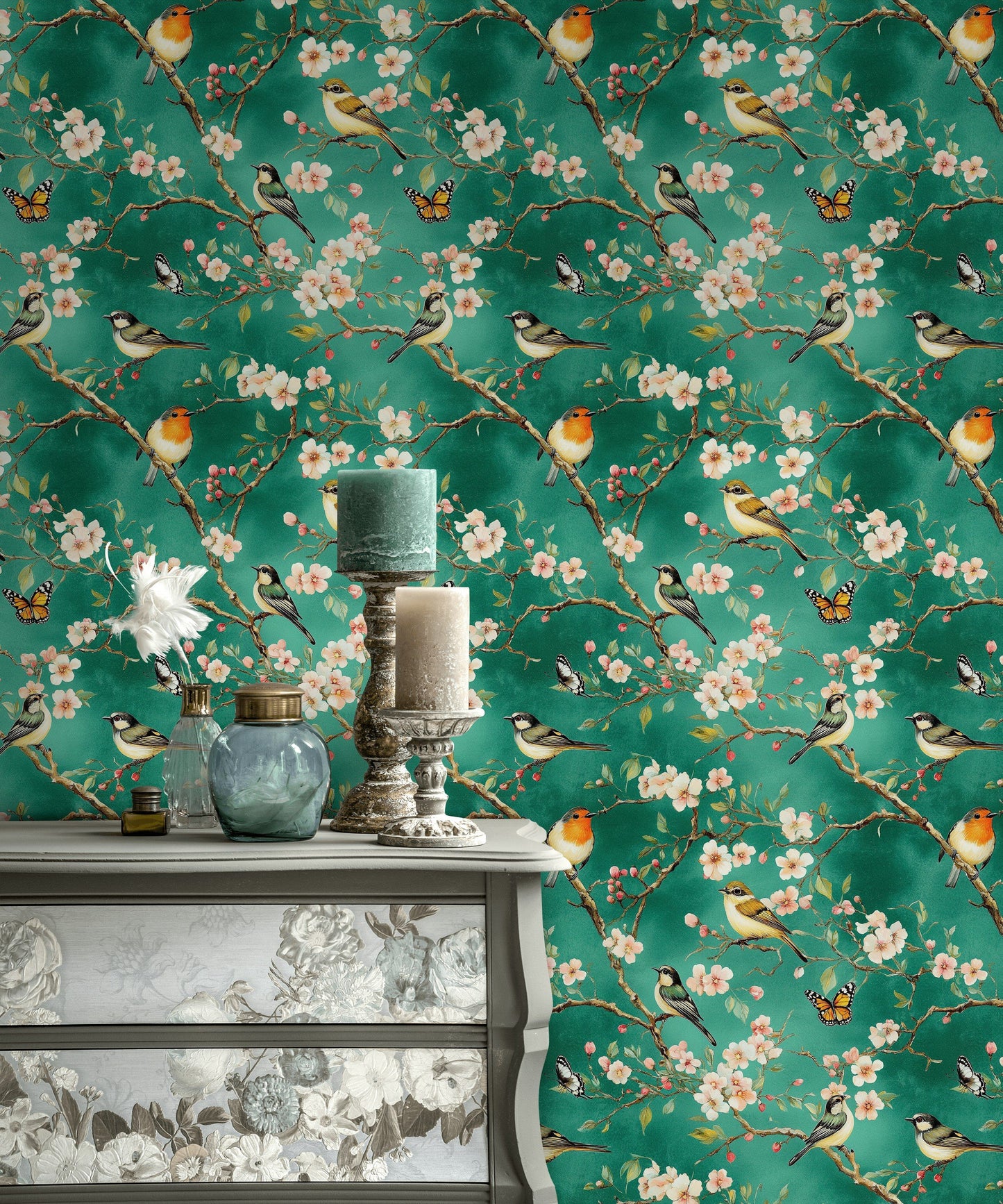 Emerald Green Floral Wallpaper Vintage Cherry Blossoms